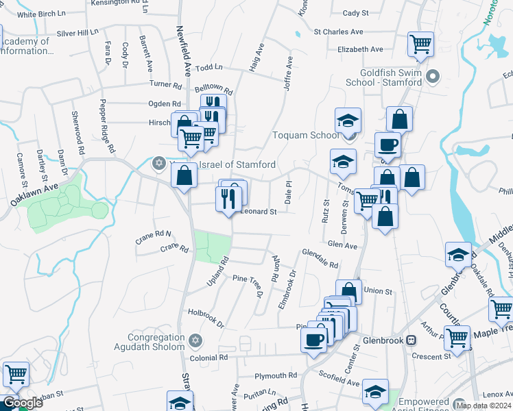 map of restaurants, bars, coffee shops, grocery stores, and more near 28 Leonard Street in Stamford