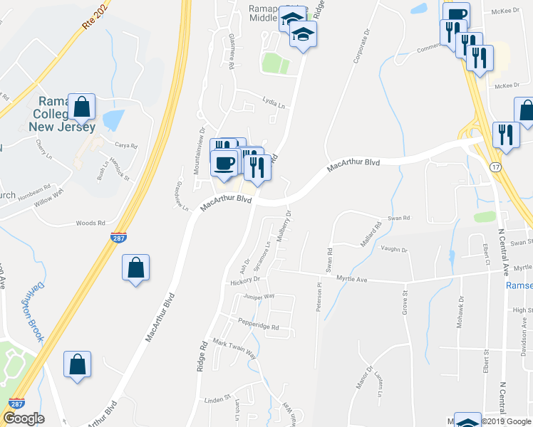 map of restaurants, bars, coffee shops, grocery stores, and more near 1074 Ash Drive in Mahwah