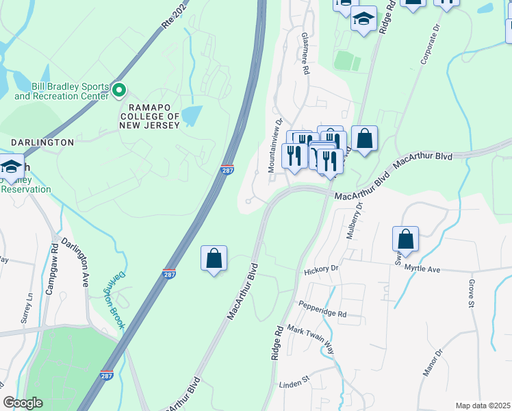 map of restaurants, bars, coffee shops, grocery stores, and more near 137 Oldwoods Court in Mahwah