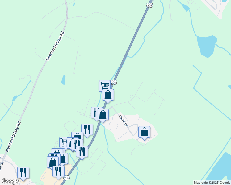 map of restaurants, bars, coffee shops, grocery stores, and more near 54 Disabled American Veterans Highway in Newton