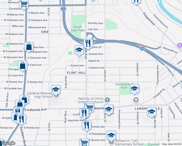 map of restaurants, bars, coffee shops, grocery stores, and more near 2221 South Avenue in Youngstown