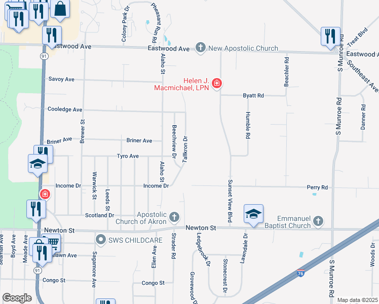 map of restaurants, bars, coffee shops, grocery stores, and more near 685 Tallkron Drive in Akron