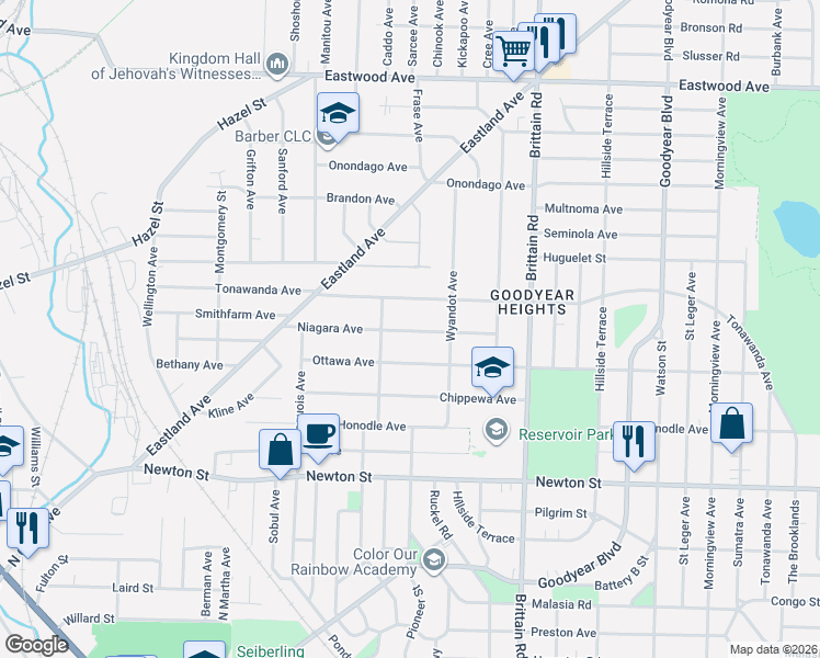 map of restaurants, bars, coffee shops, grocery stores, and more near 1311 Niagara Avenue in Akron