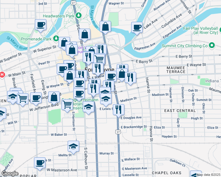 map of restaurants, bars, coffee shops, grocery stores, and more near 1001-1019 Lafayette Street in Fort Wayne