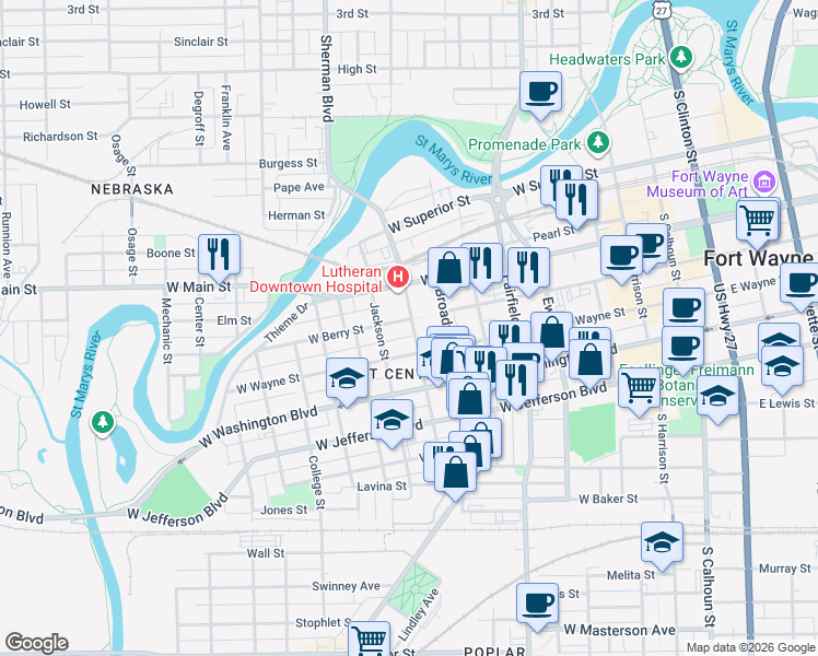 map of restaurants, bars, coffee shops, grocery stores, and more near 821 West Berry Street in Fort Wayne