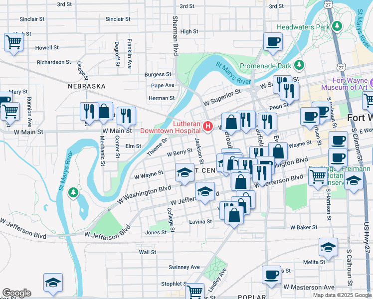 map of restaurants, bars, coffee shops, grocery stores, and more near 924 West Berry Street in Fort Wayne
