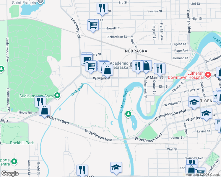 map of restaurants, bars, coffee shops, grocery stores, and more near 1715 Illinois Street in Fort Wayne