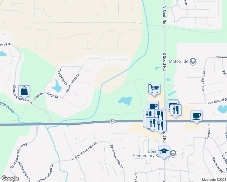 map of restaurants, bars, coffee shops, grocery stores, and more near 10617 Indian Ridge Drive in Fort Wayne
