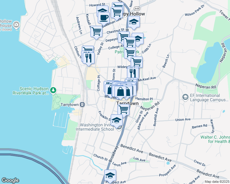 map of restaurants, bars, coffee shops, grocery stores, and more near 15 North Washington Street in Tarrytown