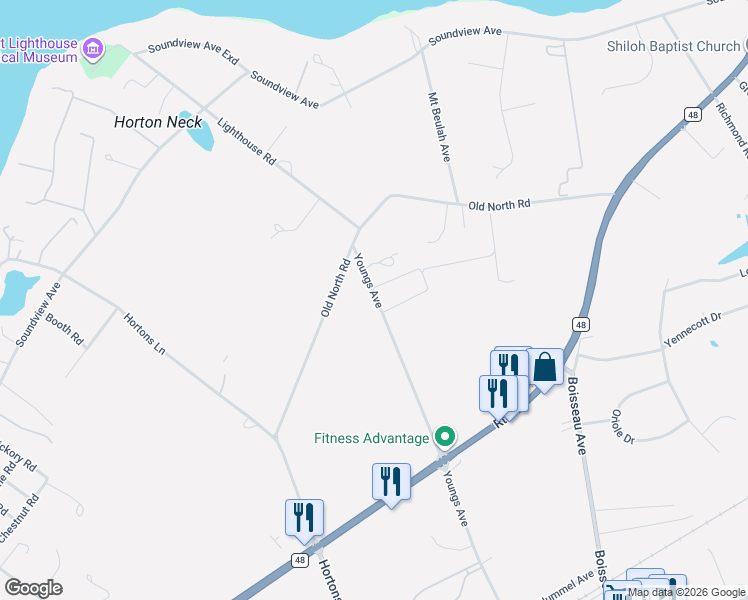 map of restaurants, bars, coffee shops, grocery stores, and more near 4402 Youngs Avenue in Southold