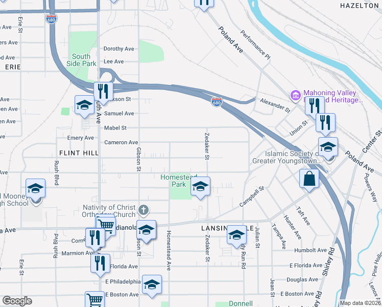 map of restaurants, bars, coffee shops, grocery stores, and more near 848 Pasadena Avenue in Youngstown