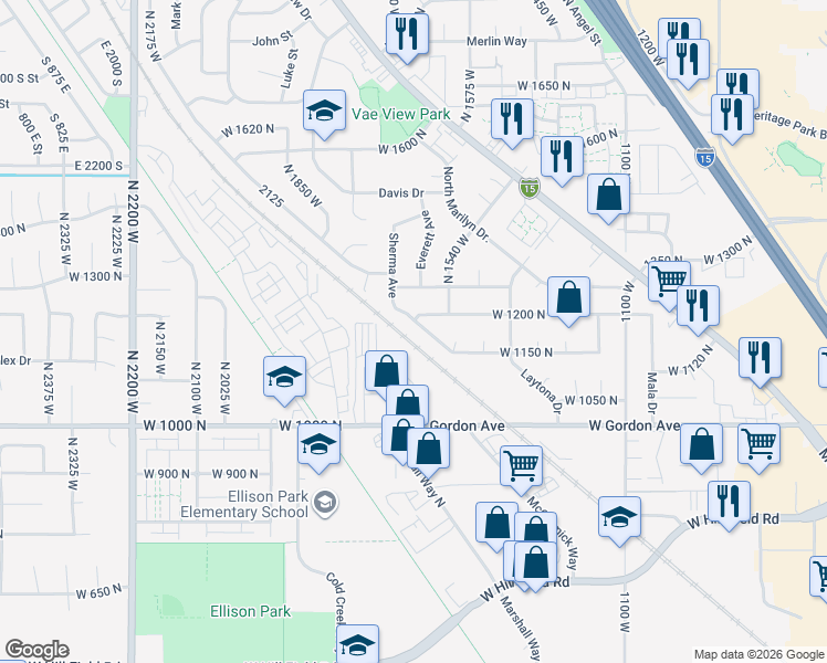 map of restaurants, bars, coffee shops, grocery stores, and more near 1193 Sherma Avenue in Layton