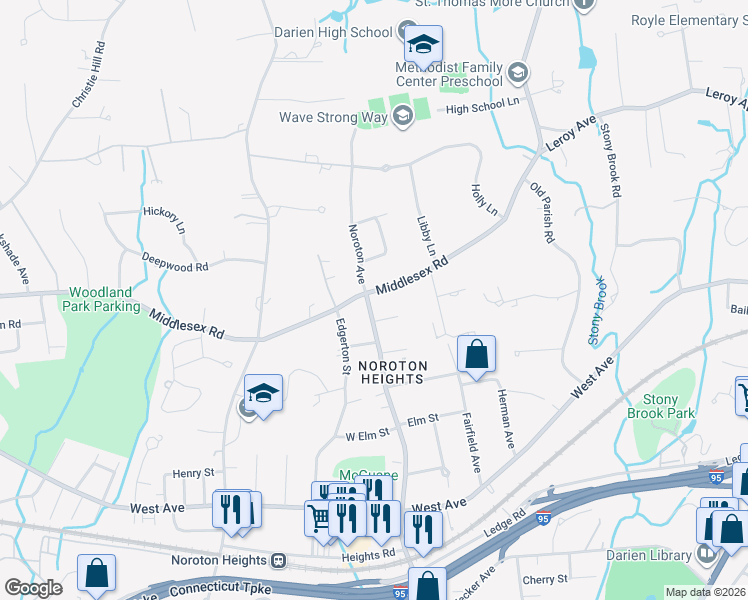 map of restaurants, bars, coffee shops, grocery stores, and more near 210 Middlesex Road in Darien