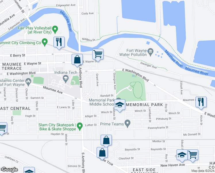 map of restaurants, bars, coffee shops, grocery stores, and more near 1113 Wabash Avenue in Fort Wayne