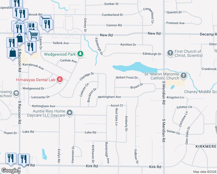 map of restaurants, bars, coffee shops, grocery stores, and more near 3924 Claridge Drive in Youngstown