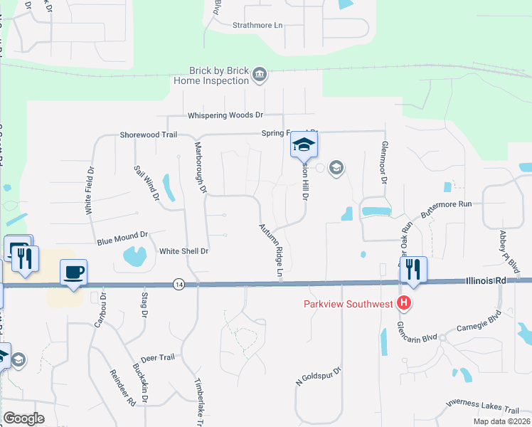 map of restaurants, bars, coffee shops, grocery stores, and more near 631 Autumn Ridge Lane in Fort Wayne