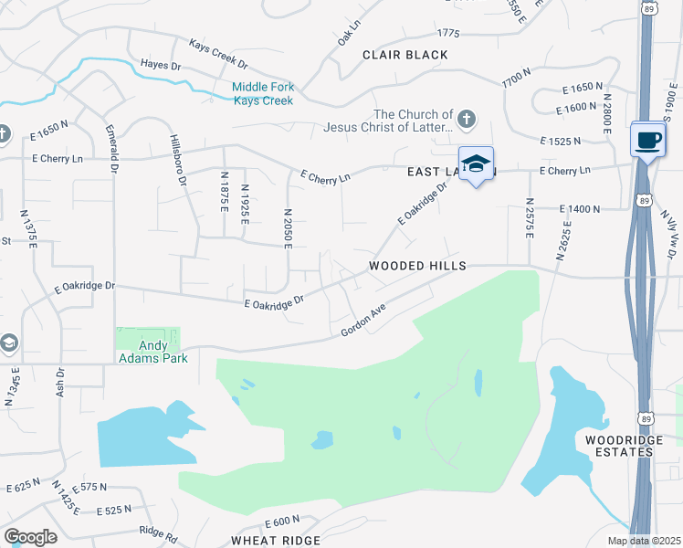map of restaurants, bars, coffee shops, grocery stores, and more near 2145 East Oakridge Drive in Layton