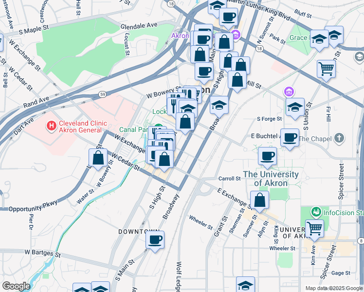 map of restaurants, bars, coffee shops, grocery stores, and more near 294 South High Street in Akron