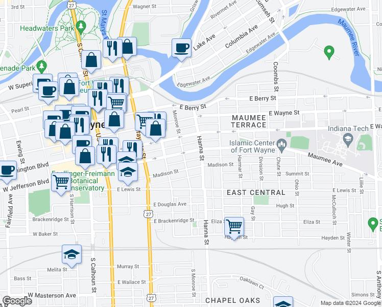 map of restaurants, bars, coffee shops, grocery stores, and more near 616 East Jefferson Boulevard in Fort Wayne