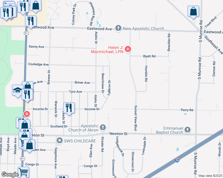 map of restaurants, bars, coffee shops, grocery stores, and more near 685 Tallkron Drive in Akron