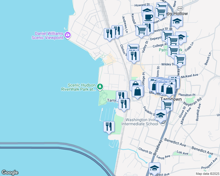 map of restaurants, bars, coffee shops, grocery stores, and more near 3 Rivers Edge Drive in Tarrytown