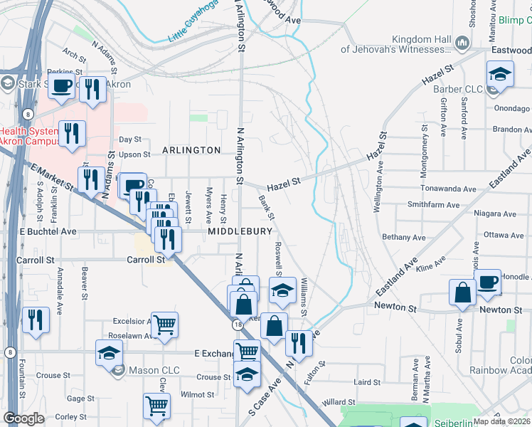 map of restaurants, bars, coffee shops, grocery stores, and more near 886 Bank Street in Akron