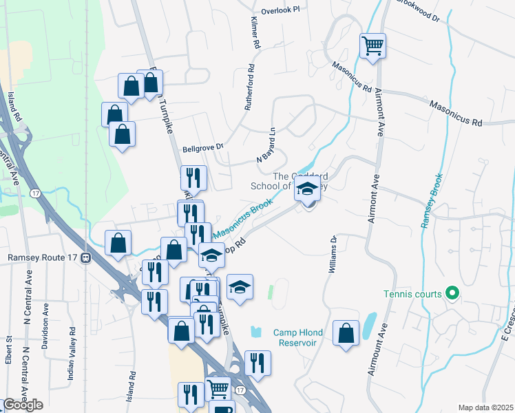 map of restaurants, bars, coffee shops, grocery stores, and more near 120 Magnolia Road in Ramsey