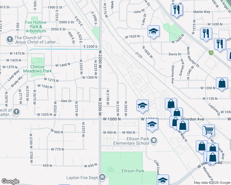 map of restaurants, bars, coffee shops, grocery stores, and more near 1195 N 2100 W in Layton