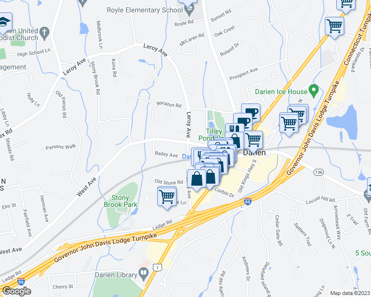 map of restaurants, bars, coffee shops, grocery stores, and more near 77 Leroy Avenue in Darien