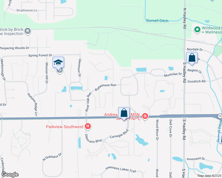 map of restaurants, bars, coffee shops, grocery stores, and more near 619 Deer Cliff Ct in Fort Wayne