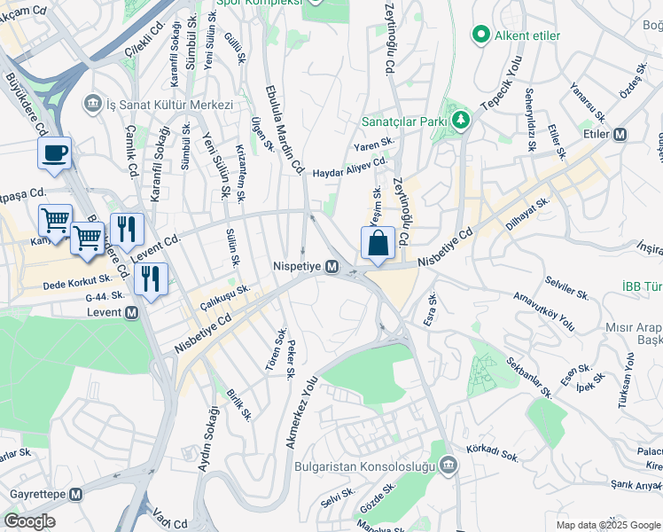 map of restaurants, bars, coffee shops, grocery stores, and more near Nisbetiye Cd in Beşiktaş