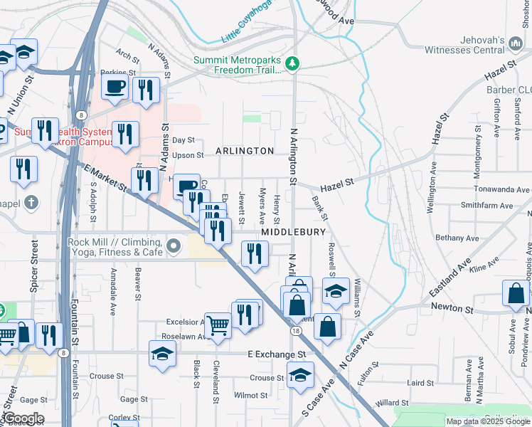 map of restaurants, bars, coffee shops, grocery stores, and more near 121 Myers Avenue in Akron