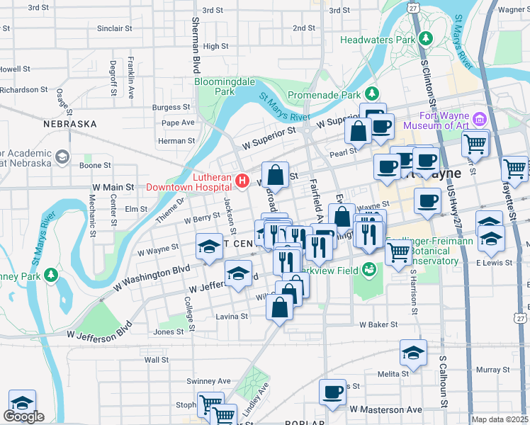 map of restaurants, bars, coffee shops, grocery stores, and more near 800 Broadway in Fort Wayne