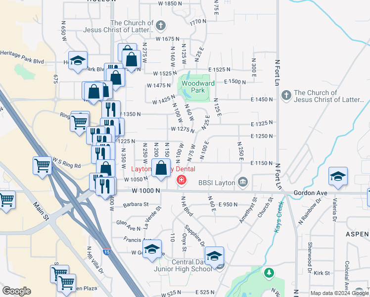 map of restaurants, bars, coffee shops, grocery stores, and more near 1196 North 100 East in Layton