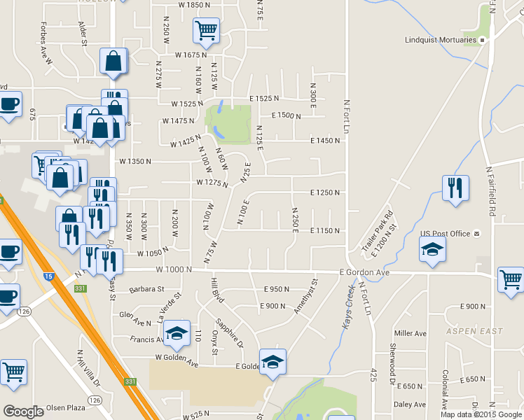 map of restaurants, bars, coffee shops, grocery stores, and more near 1625 North 150 East in Layton