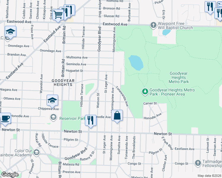 map of restaurants, bars, coffee shops, grocery stores, and more near 558 Morningview Avenue in Akron