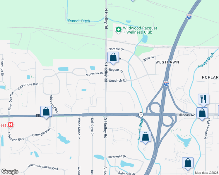 map of restaurants, bars, coffee shops, grocery stores, and more near 705 S Hadley Rd in Fort Wayne