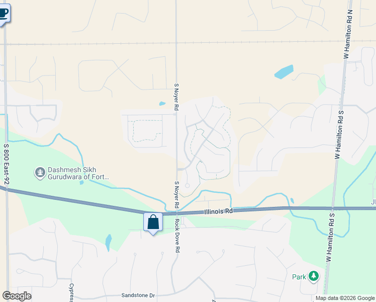 map of restaurants, bars, coffee shops, grocery stores, and more near 611 River Rock Pass in Fort Wayne