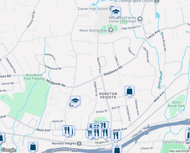 map of restaurants, bars, coffee shops, grocery stores, and more near 201 Middlesex Road in Darien