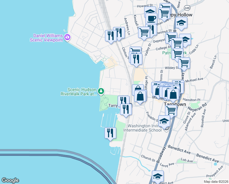 map of restaurants, bars, coffee shops, grocery stores, and more near 3 Rivers Edge Drive in Tarrytown