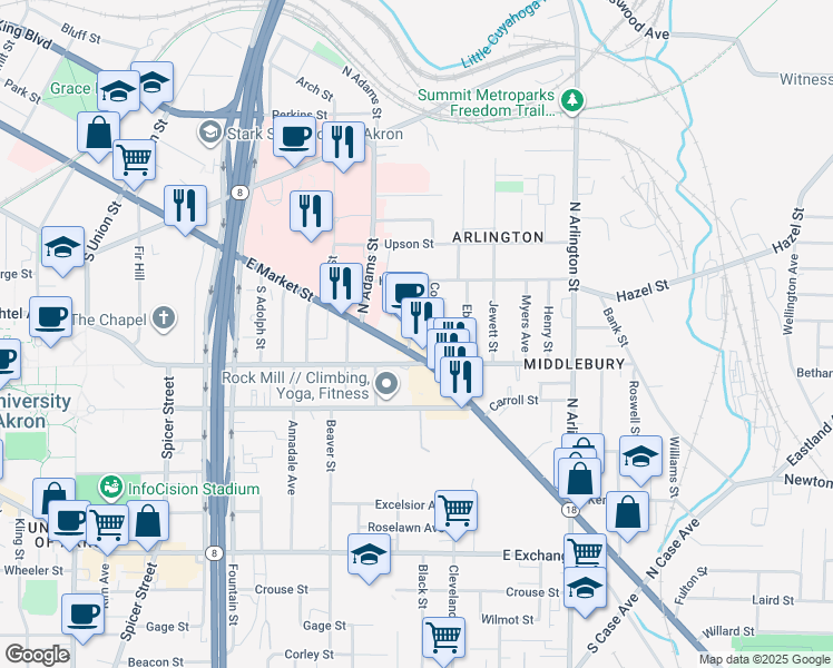 map of restaurants, bars, coffee shops, grocery stores, and more near 17 Agate Place in Akron