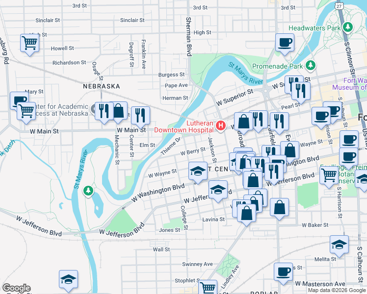 map of restaurants, bars, coffee shops, grocery stores, and more near 719 Rockhill Street in Fort Wayne
