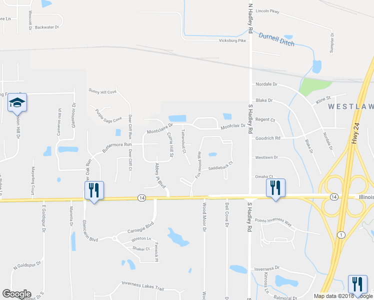 map of restaurants, bars, coffee shops, grocery stores, and more near 613 Tattersholl Court in Fort Wayne