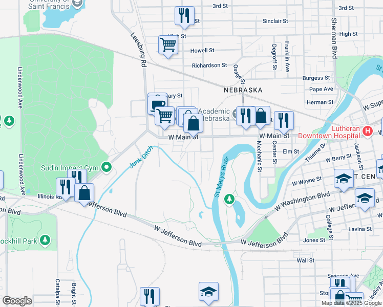 map of restaurants, bars, coffee shops, grocery stores, and more near 442 Perry Ave in Fort Wayne