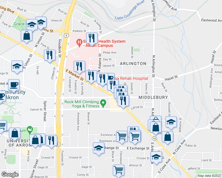 map of restaurants, bars, coffee shops, grocery stores, and more near 17 Agate Place in Akron