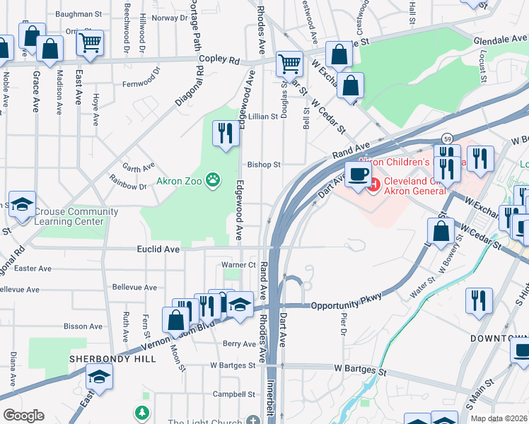 map of restaurants, bars, coffee shops, grocery stores, and more near 593 Rhodes Avenue in Akron