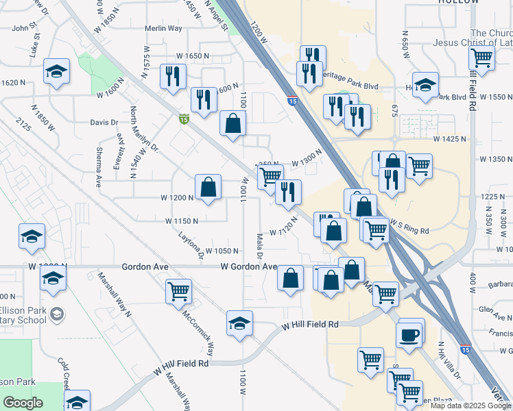 map of restaurants, bars, coffee shops, grocery stores, and more near 1211 Mala Drive in Layton