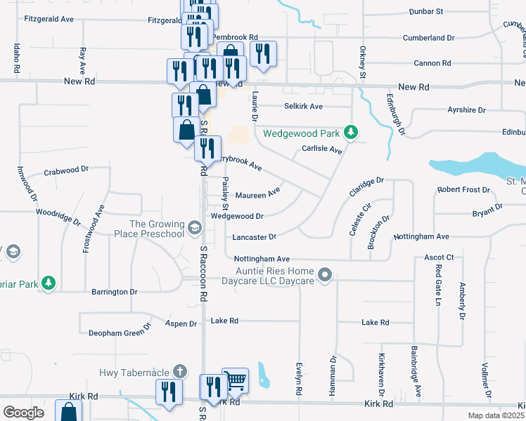 map of restaurants, bars, coffee shops, grocery stores, and more near 4302 Wedgewood Drive in Youngstown