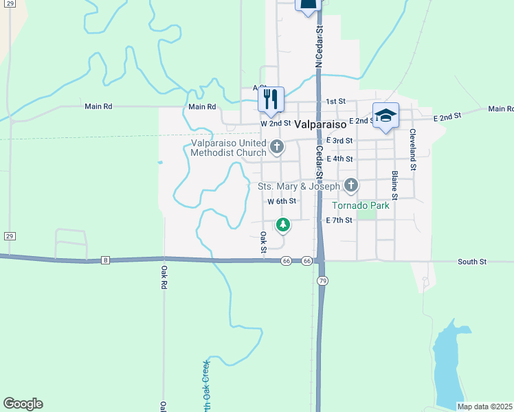 map of restaurants, bars, coffee shops, grocery stores, and more near 600 Oak Street in Valparaiso