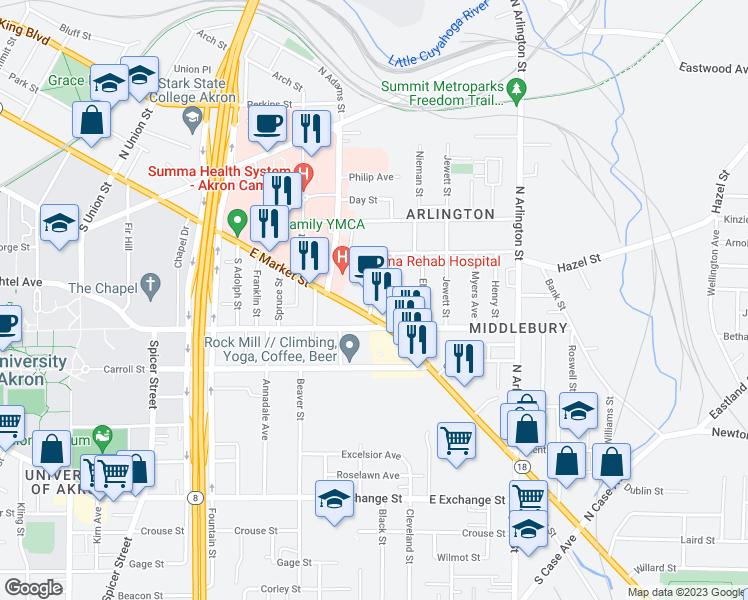 map of restaurants, bars, coffee shops, grocery stores, and more near 17 Agate Place in Akron